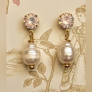 Pink Opal Rose Water Crystal & Natural Baroque Pearls Earrings In Gold Plated